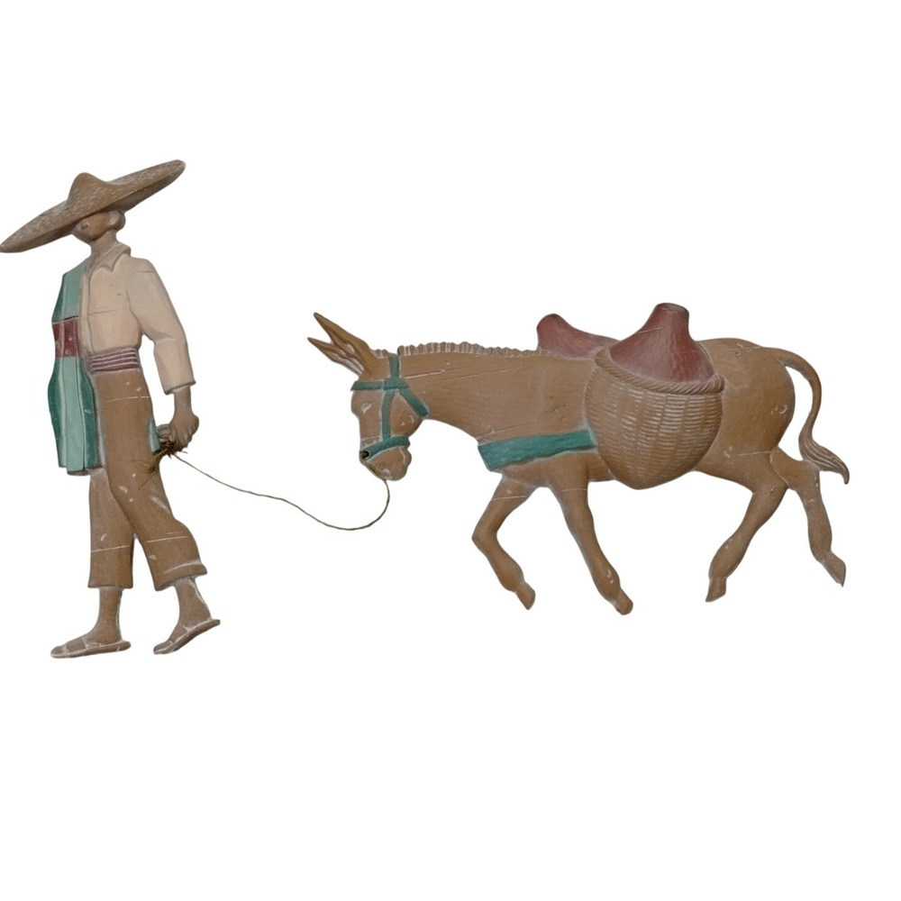 Vintage Cast‎ Resin Wall Art Man with Donkey Folk Farm Scene Rustic Decor